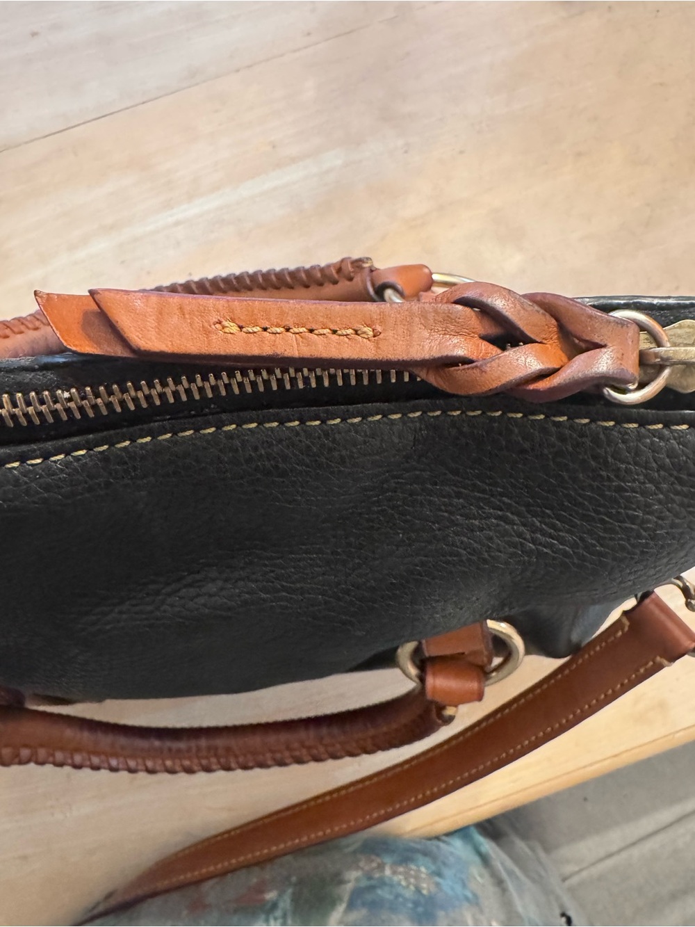 Dooney & Bourke Large Black Leather Satchel with Brown Trim - Picture 9 of 12